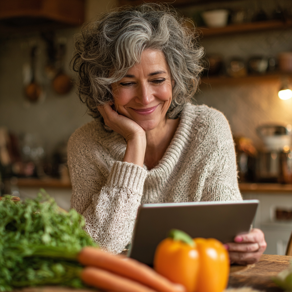 Smiling mature woman in her early 50s with gray hair, wearing a light sweater, sitting at a kitchen table with fresh vegetables and a tablet, planning her healthy meals with a warm, content expression